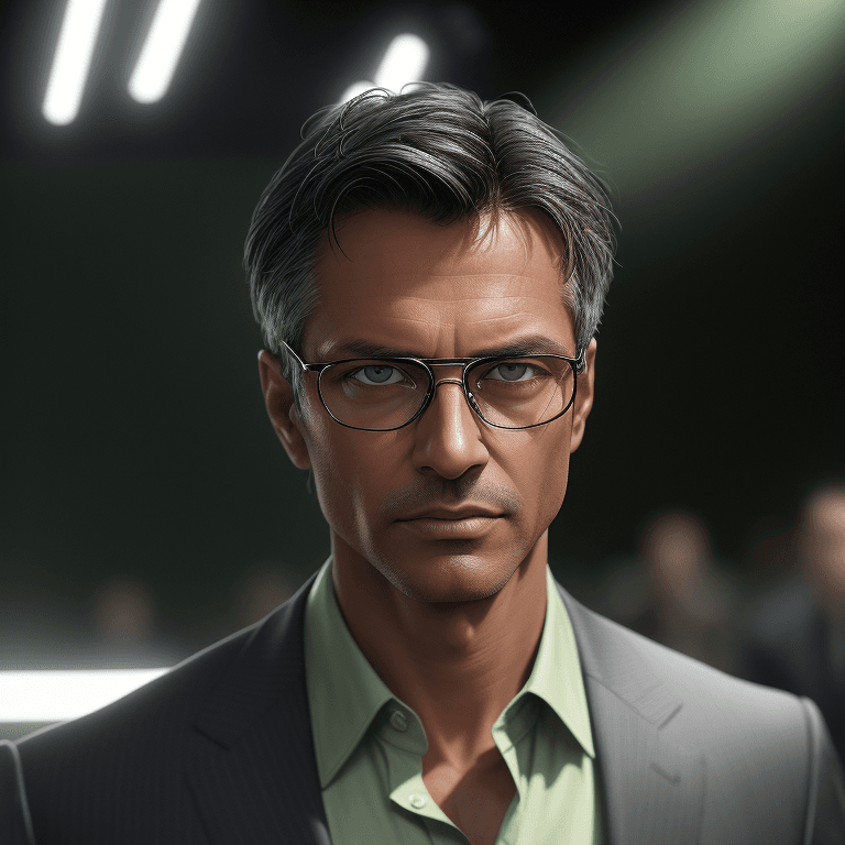 AI generated: a portrait of a handsome model, 48 year old with tanned skin with short black hair, narrow light gre...