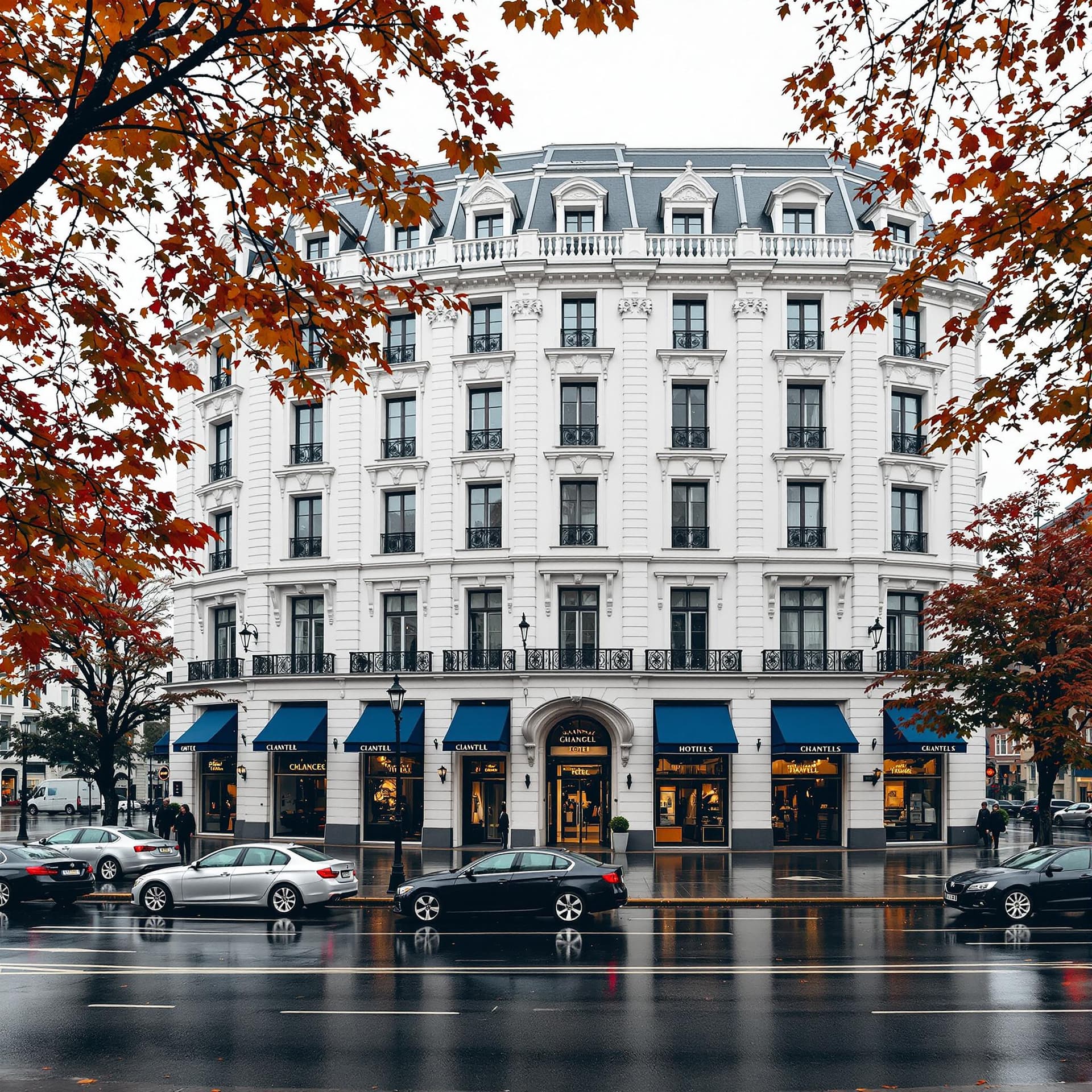 AI generated: Grand European hotel facade on a rainy autumn day.  Classic architectural style,  white stucco build...