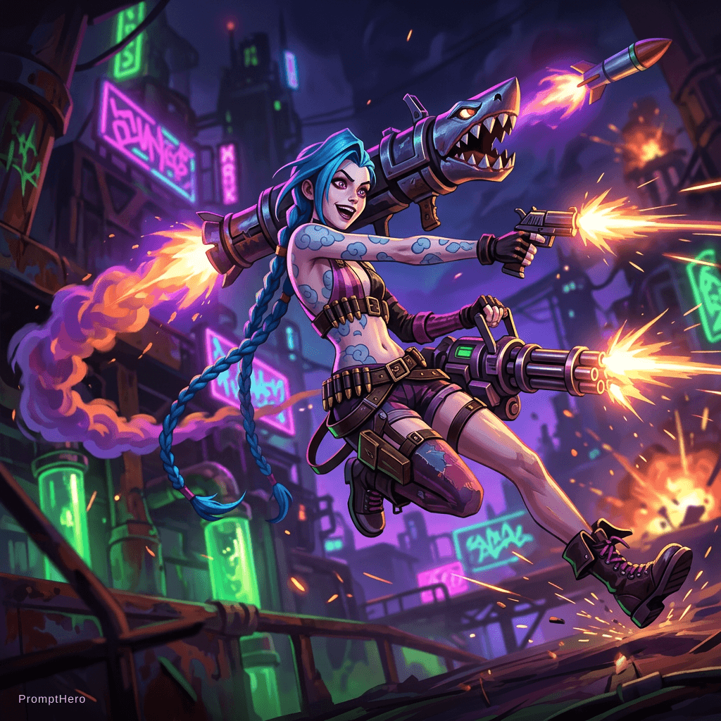 AI generated: Naked jinx shooting guns