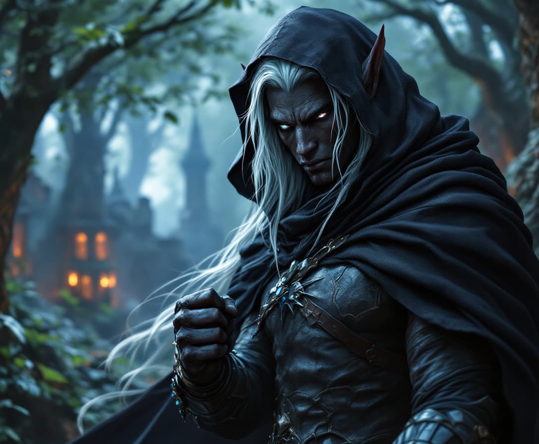 AI generated: Fantasy DnD style, (A handsome dark skinned Dark Elf Man with Ebony skin), long white Hair, long ear...