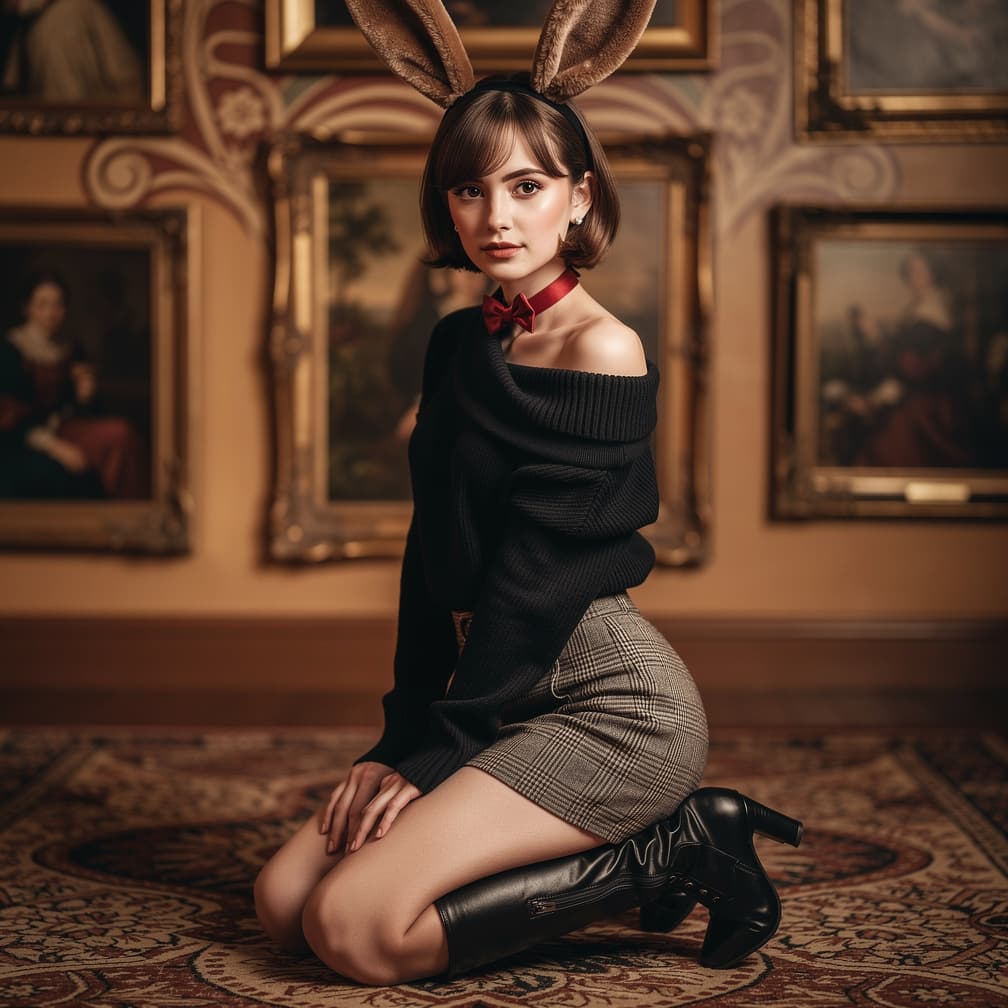 AI generated: A young woman (ethnicity:1.2), (age:1.1), with short brown hair and bunny ears, wearing a black off-...