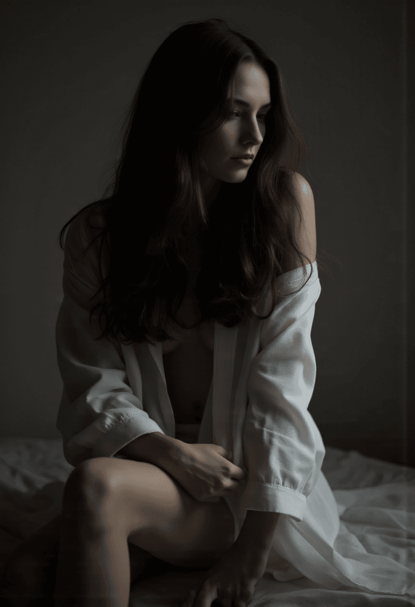AI generated: A young woman with a porcelain skin tone sits in contemplation, her long dark hair cascading down he...