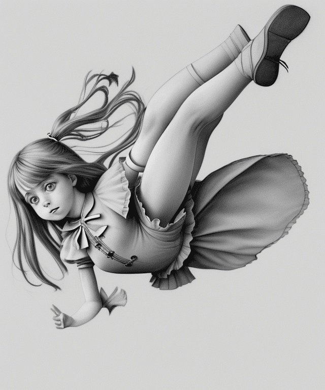 AI generated: realistic drawing 
alice from alice in wonderland free falling from the sky 
her body is horizontal
...