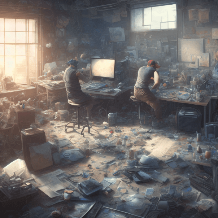 AI generated: a computer graphics artist with a ballcap in a messy room at the computer animating, ultra realistic...