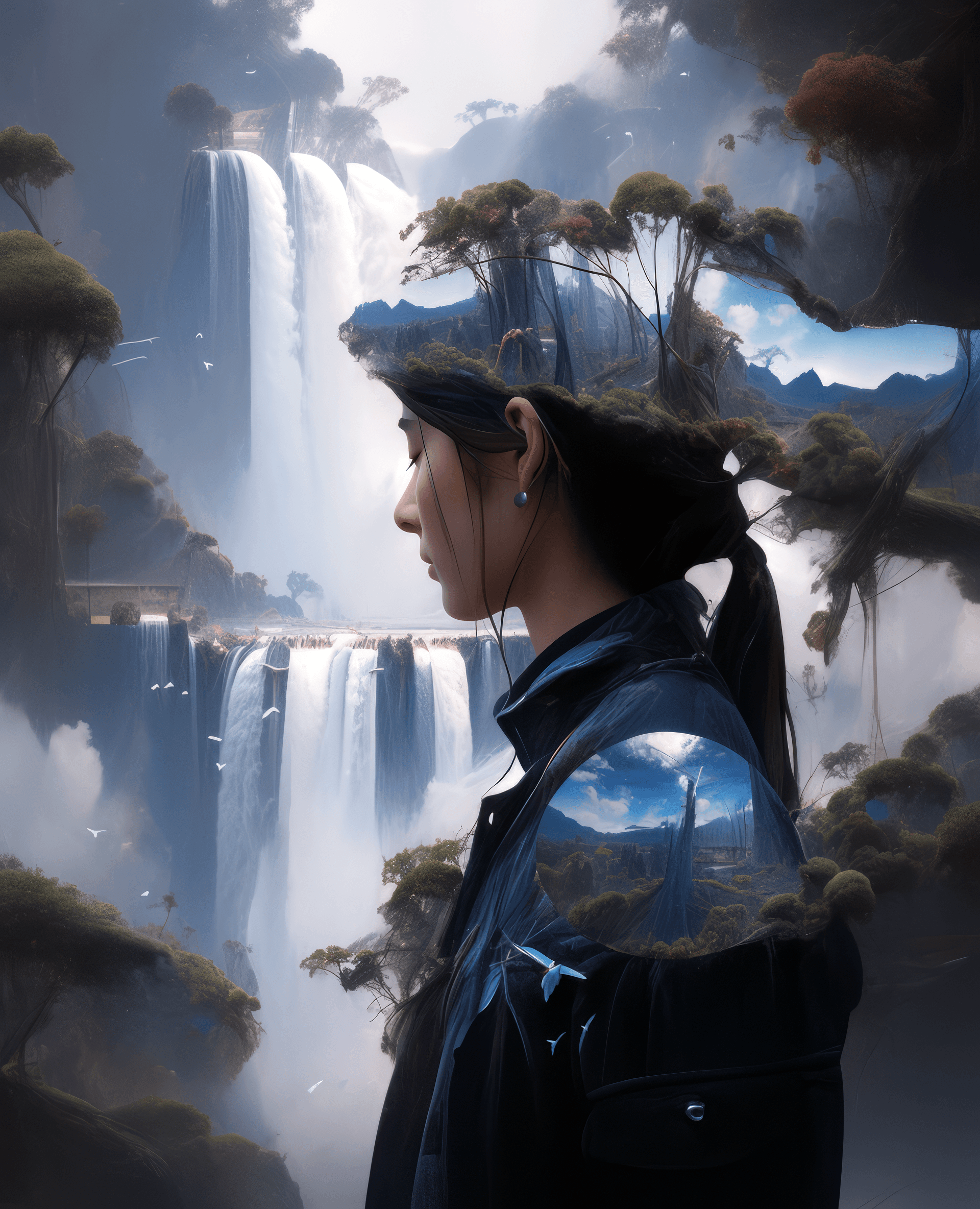 AI generated: the model has a face with a waterfall painted on it, in the style of xiaofei yue, grunge beauty, din...
