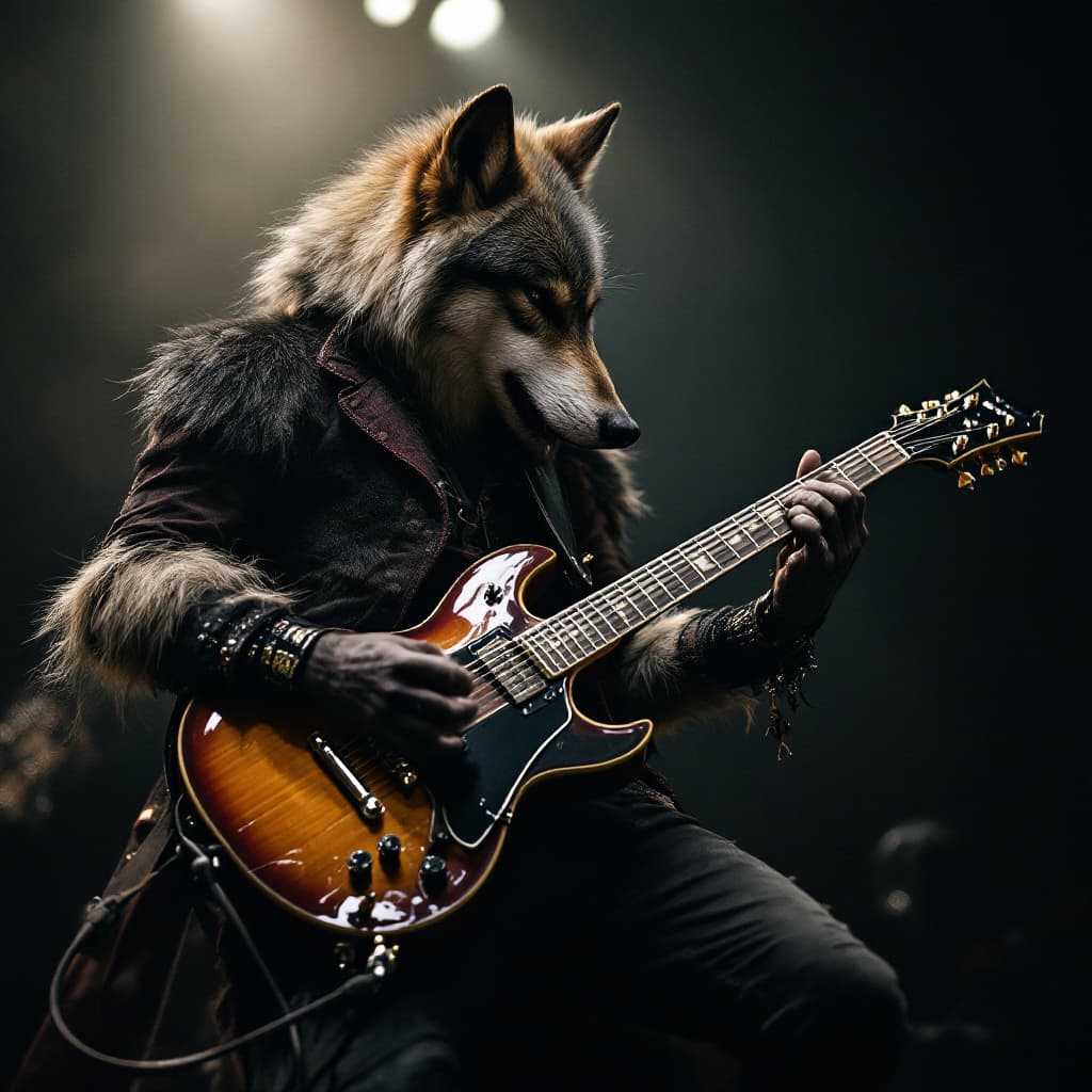 AI generated: A wolf is playing guitar electric in paris