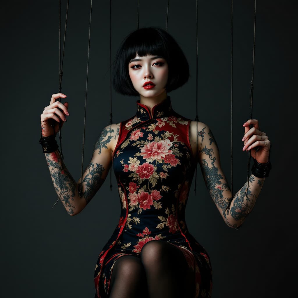 AI generated: Female figure, Asian, young adult, suspended from strings like a puppet. Detailed tattoos adorn her ...