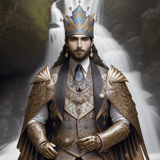 AI generated: 
Un hombre elegante y majestuoso, adornado con una armadura dorada de diseño intrincado que cae en s...