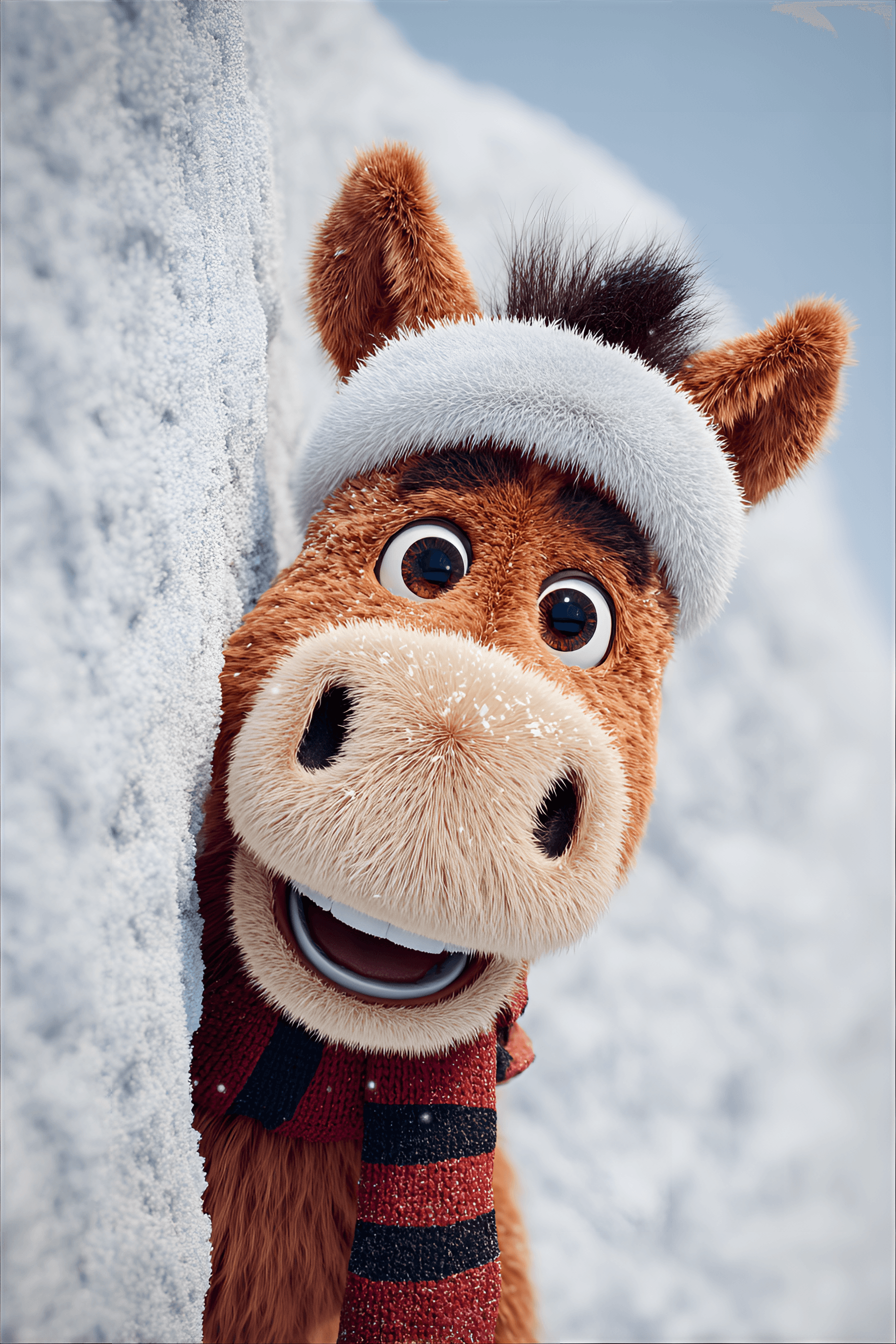 AI generated: cheerful, anthropomorphic horse with reddish-brown fur, sporting a wide, joyous smile, and expressiv...