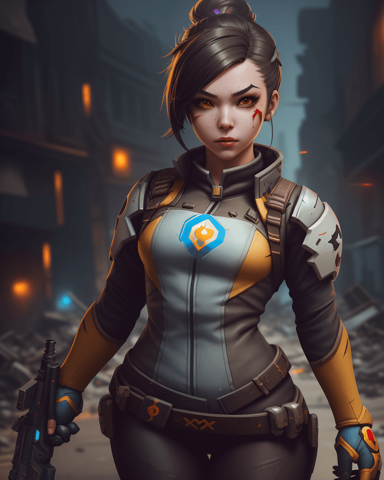 AI generated: Beautiful girl, wearing costum a one characters from game overwatch, shot gun in the hand, standing ...