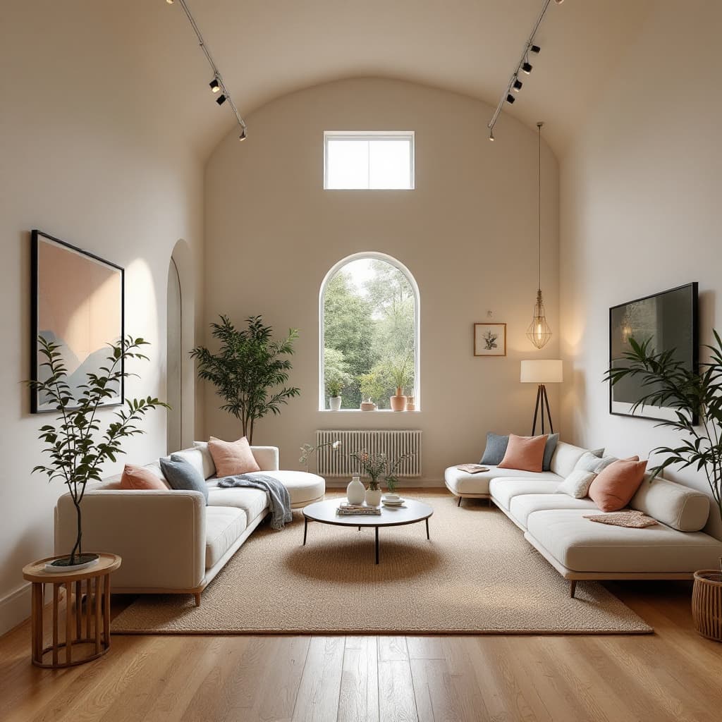 AI generated: High resolution photography interior design, dreamy sunken living room conversation pit, wooden floo...
