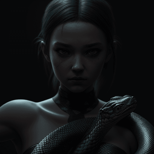AI generated: trending on artstation, girl with a snake, dark, high detail, octane render, 8k, dancing moving, nin...
