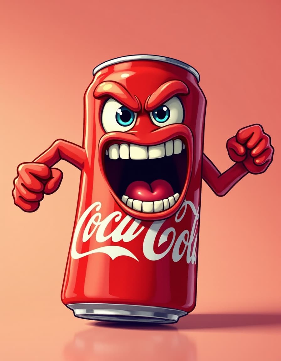 AI generated: This vibrant composition features a cartoonish Coca-Cola can character that conveys a angry and read...