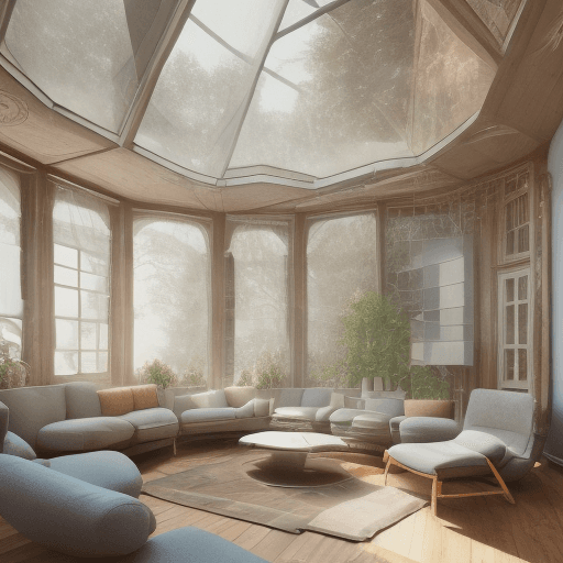 AI generated: High resolution photography interior design, dreamy sunken living room conversation pit, wooden floo...