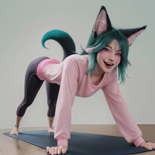AI generated: furry, art, anthro fox girl, red eyes, big nose, smiling face, opened mouth, tongue haning out of mo...