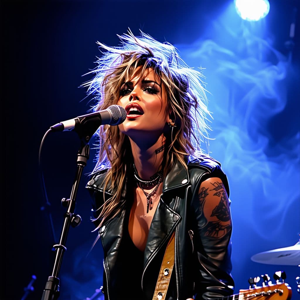 AI generated: powerful female rock singer on stage, expressive face, wild tousled hair, leather jacket, dramatic s...