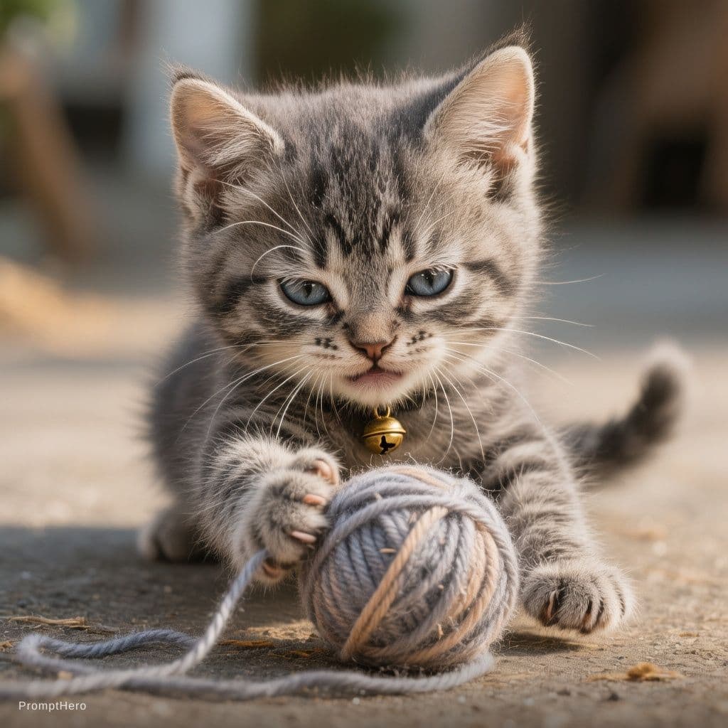 AI generated: A kitten, gray in color with black and white spots on its face. It has blue eyes and long whiskers, ...