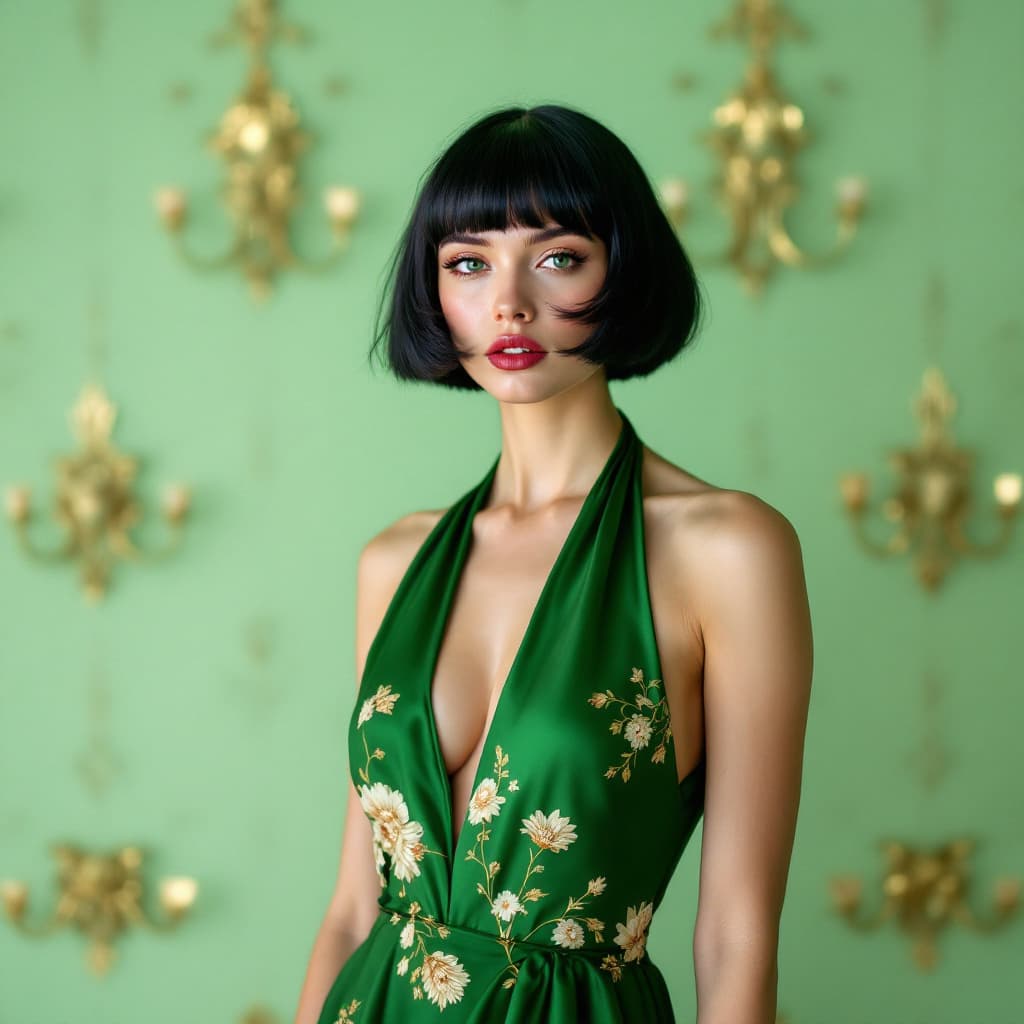 AI generated: a woman in a green dress posing for a picture, a colorized photo, inspired by Richard Avedon, tumblr...