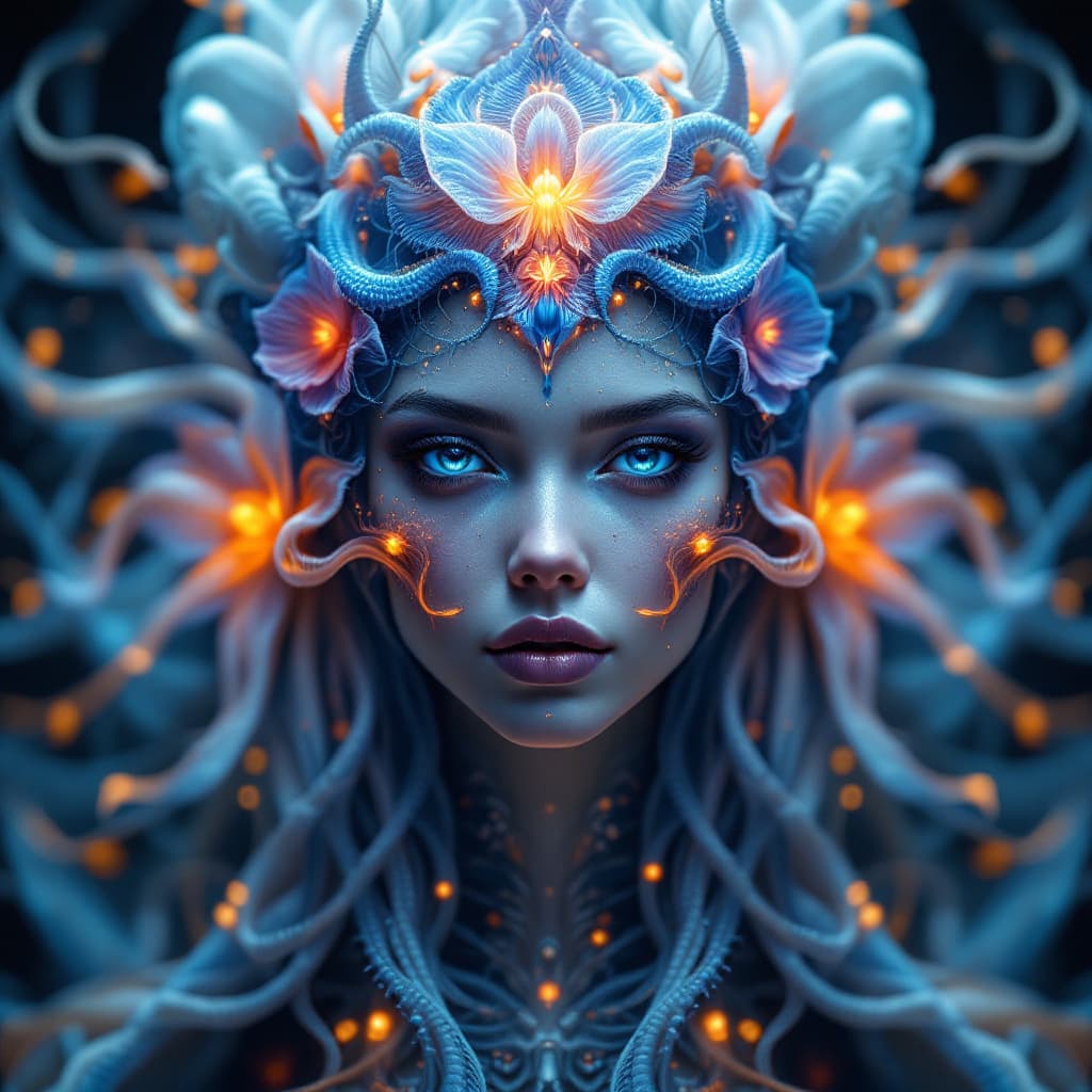 AI generated: Goddess close-up portrait ribcagel. jellyfish phoenix head, nautilus, orchid, skull, betta fish, bio...