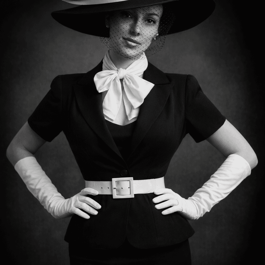 AI generated: A striking black and white portrait of a woman in high-fashion vintage style, wearing a wide-brimmed...
