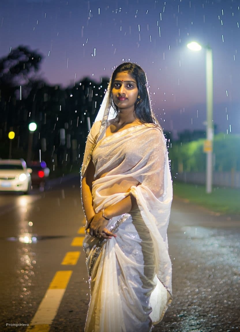 AI generated: Make me wear a white thin silk saree all wet in rain and me standing in middle of road in rain at ni...