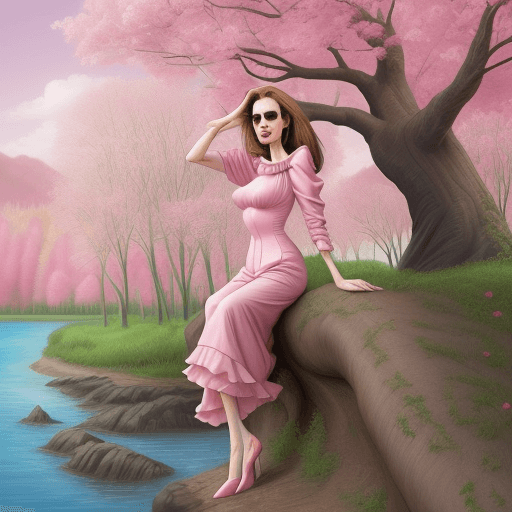 AI generated:  humor, Angelina Jolie, caricature, love land scape with nature pink trees and water, romantic cloth...