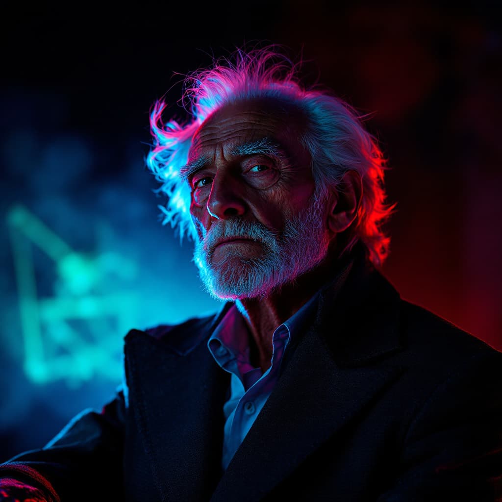 AI generated: fashion editorial, a portrait of old man is studio red and blue lights in style Alain Laboile, highr...