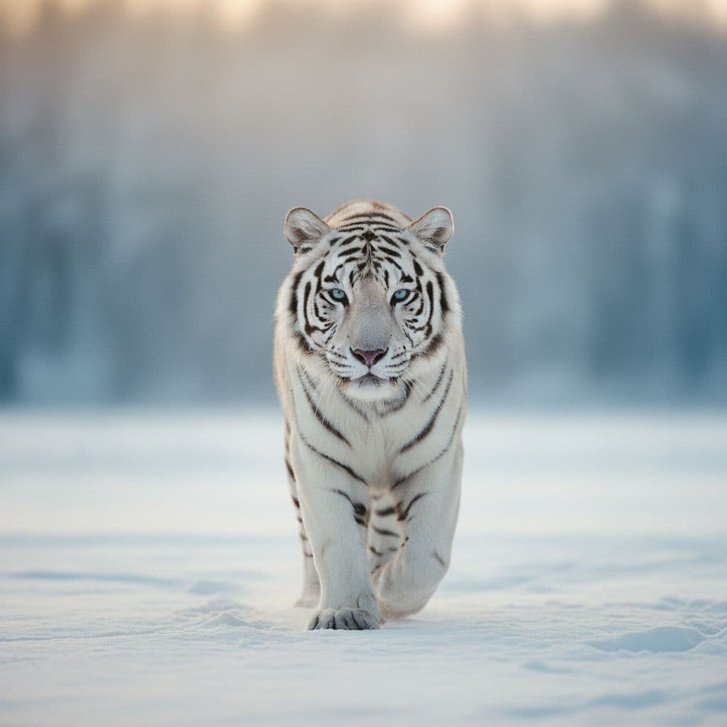 AI generated: "High-resolution, fine art nature photograph, a white tiger with black stripes, piercing blue eyes, ...