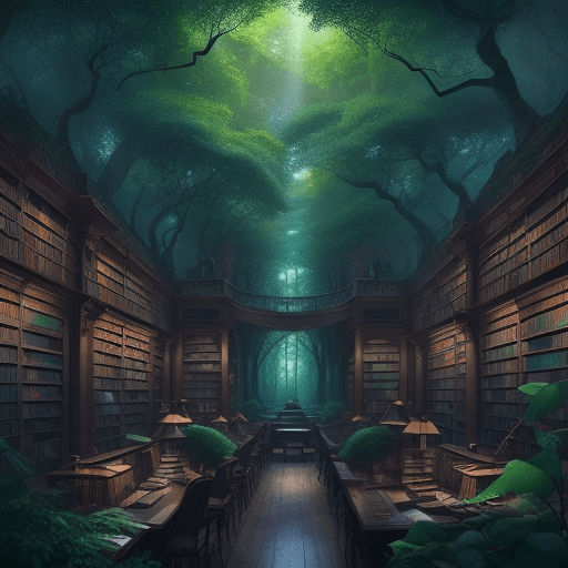 AI generated: A magical very dense forest with a library in it, the scene represents a dense magical forest with a...