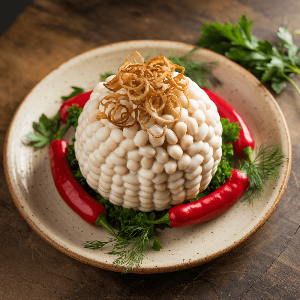 AI generated: Visually stunning and mouthwatering photograph of a beautifully presented white bean purée. A sphere...