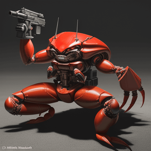 AI generated: A red crab with a removable mechanical claw that holds a machine gun, the other claw is natural and ...