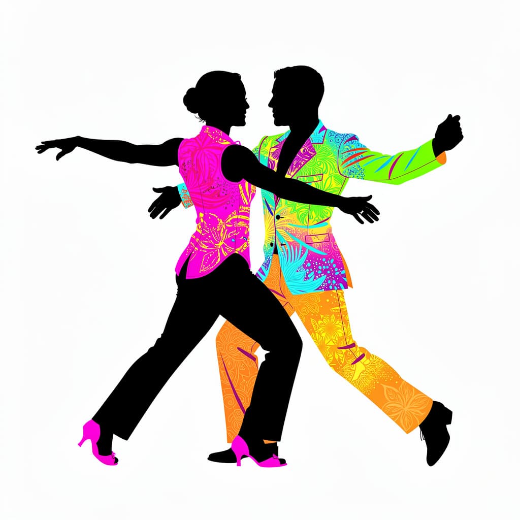 AI generated: Silueta de una pareja bailando salsa cubana, cuerpos separados a mitad de un giro que muestra un din...