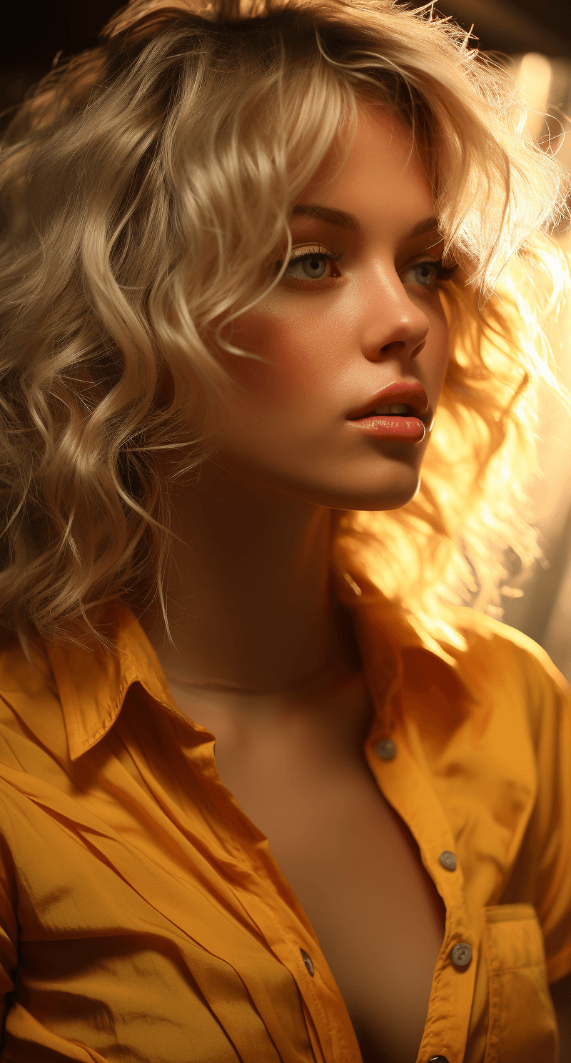 AI generated: blond girl in a yellow shirt is posing in front of the sun, in the style of jessica drossin, shiny/g...