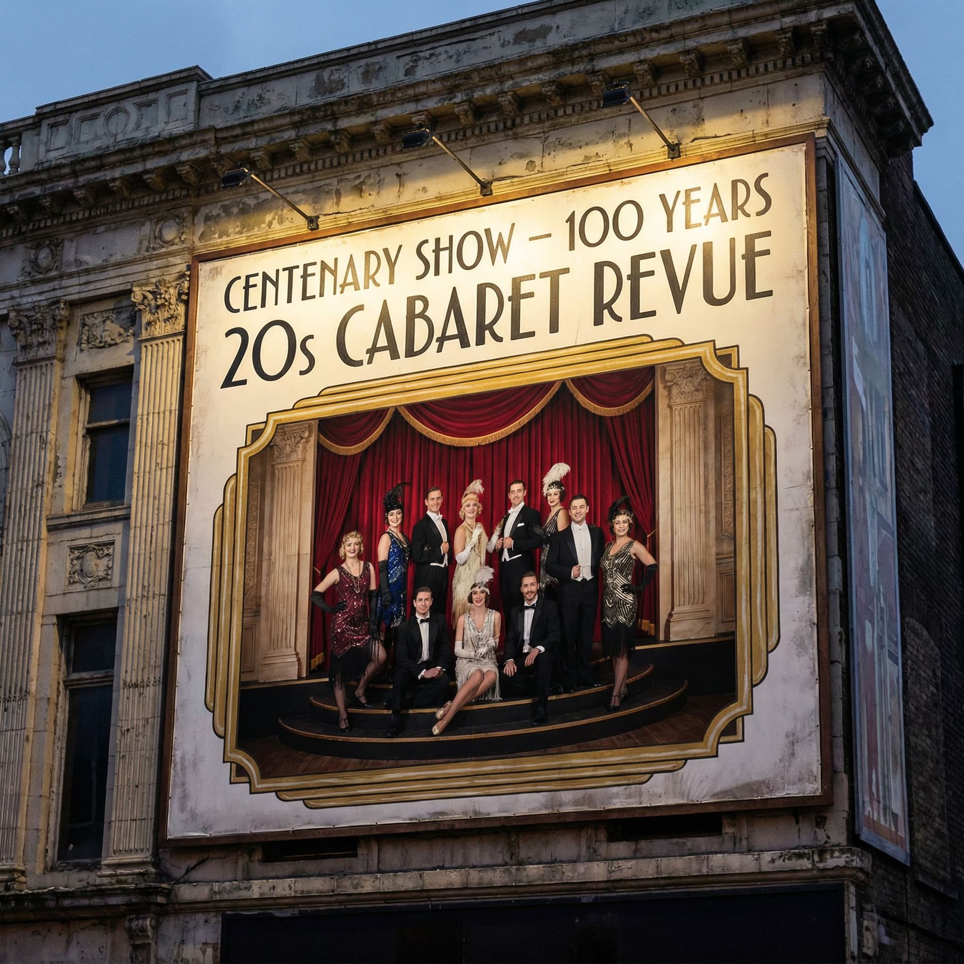 AI generated: Billboard for outside theater facade with 100 years old centenary show with 20s cabaret inspo and 10...