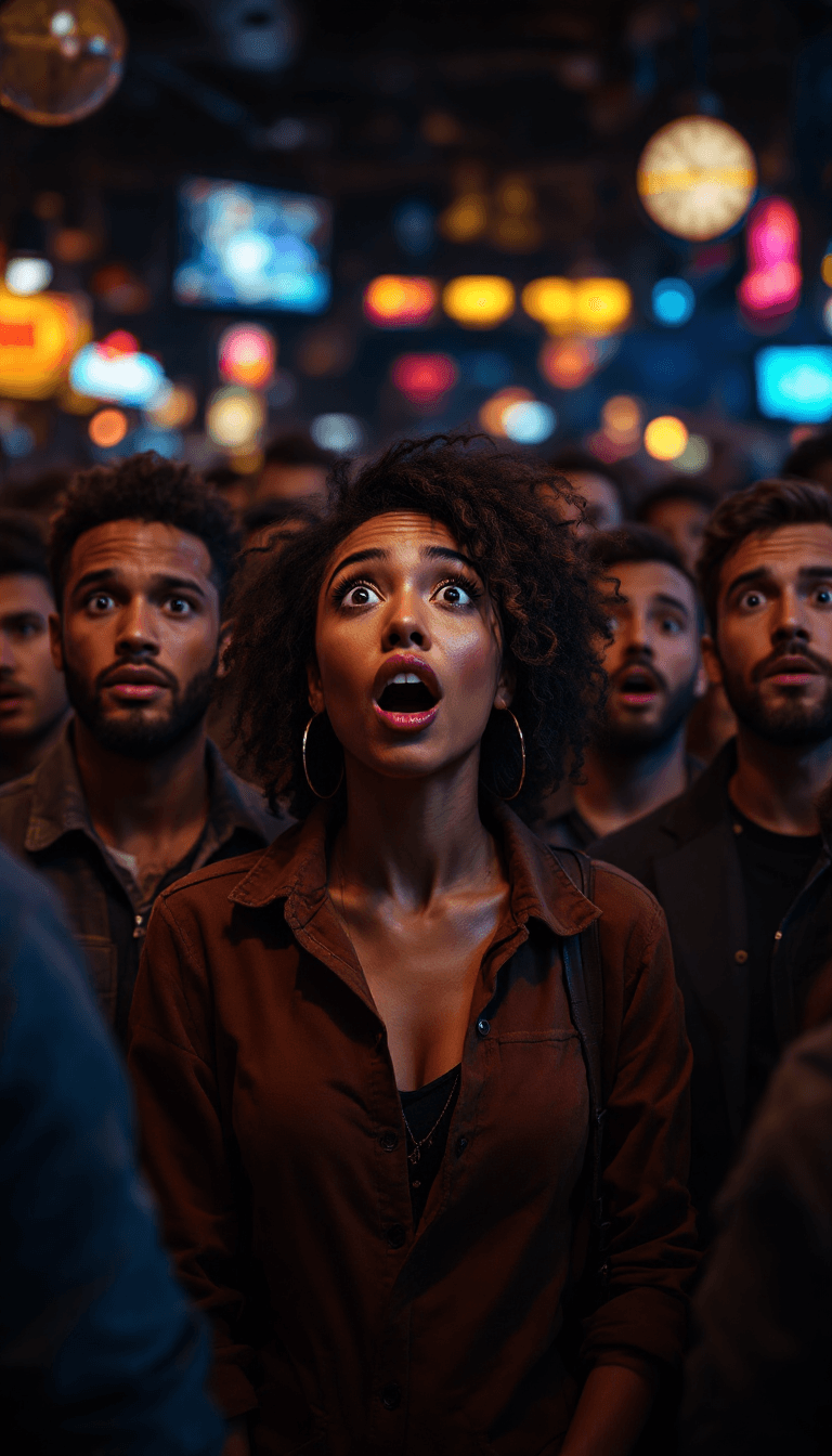 AI generated: A group of diverse men and woman, stand astonished in a crowded bar, at night. They gaze at the view...