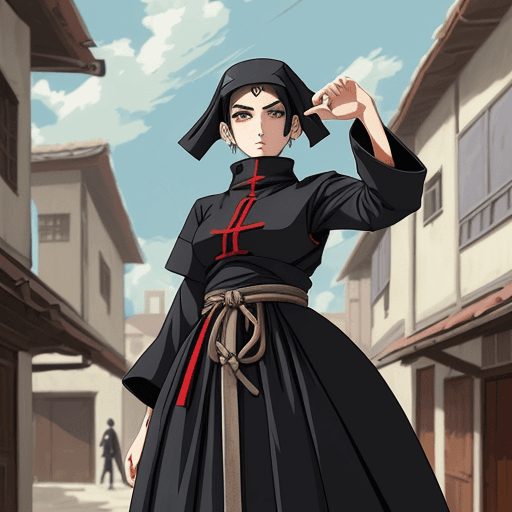 AI generated: bauhaus style clothe, big clothes, cool anime style, character, village center background, medieval,...