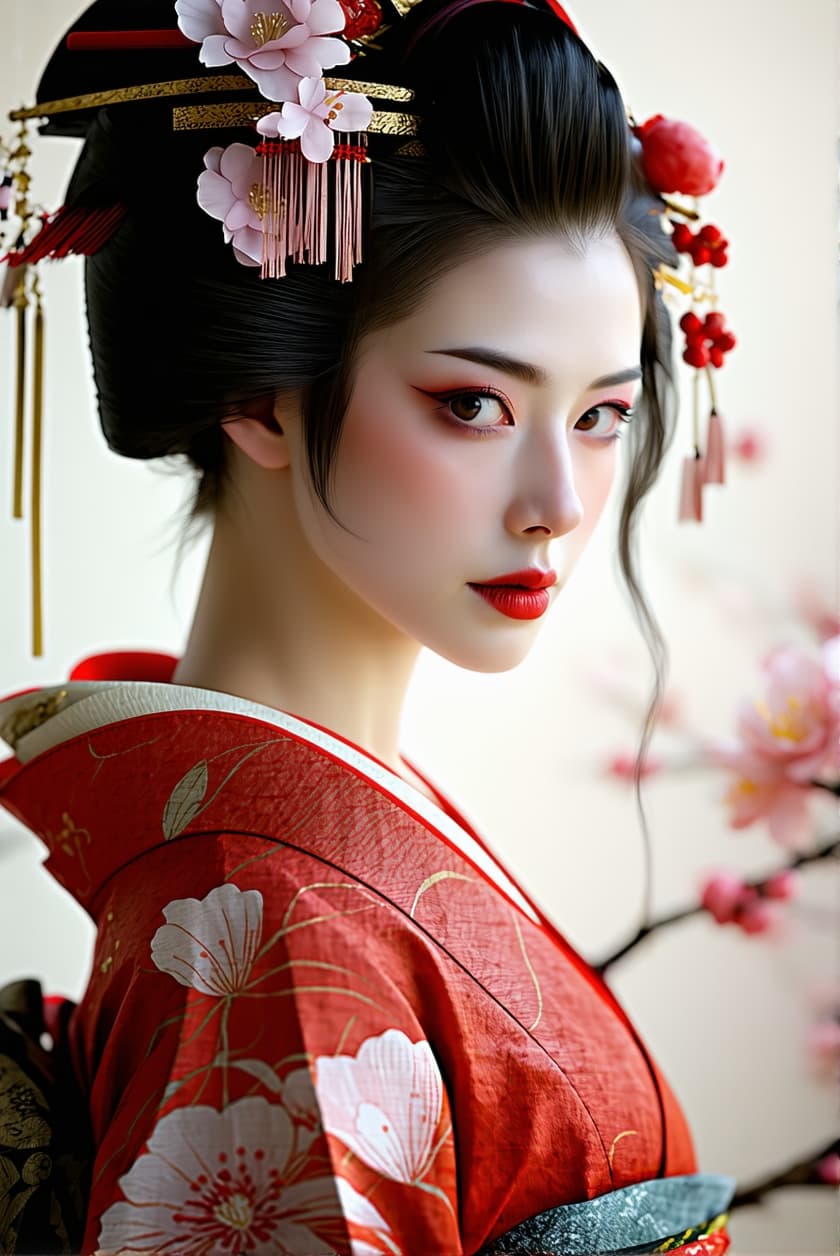 AI generated: style redshift, un vrai corps féminin parfait de belle Geisha, visage parfait, complexe, élégant, tr...
