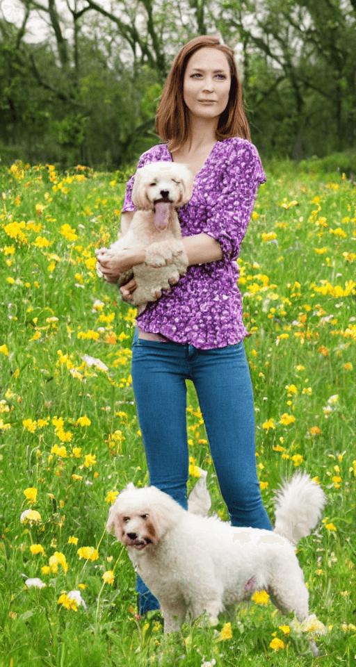 AI generated: American woman holding a dog in a flowery park, green field with flowers around
