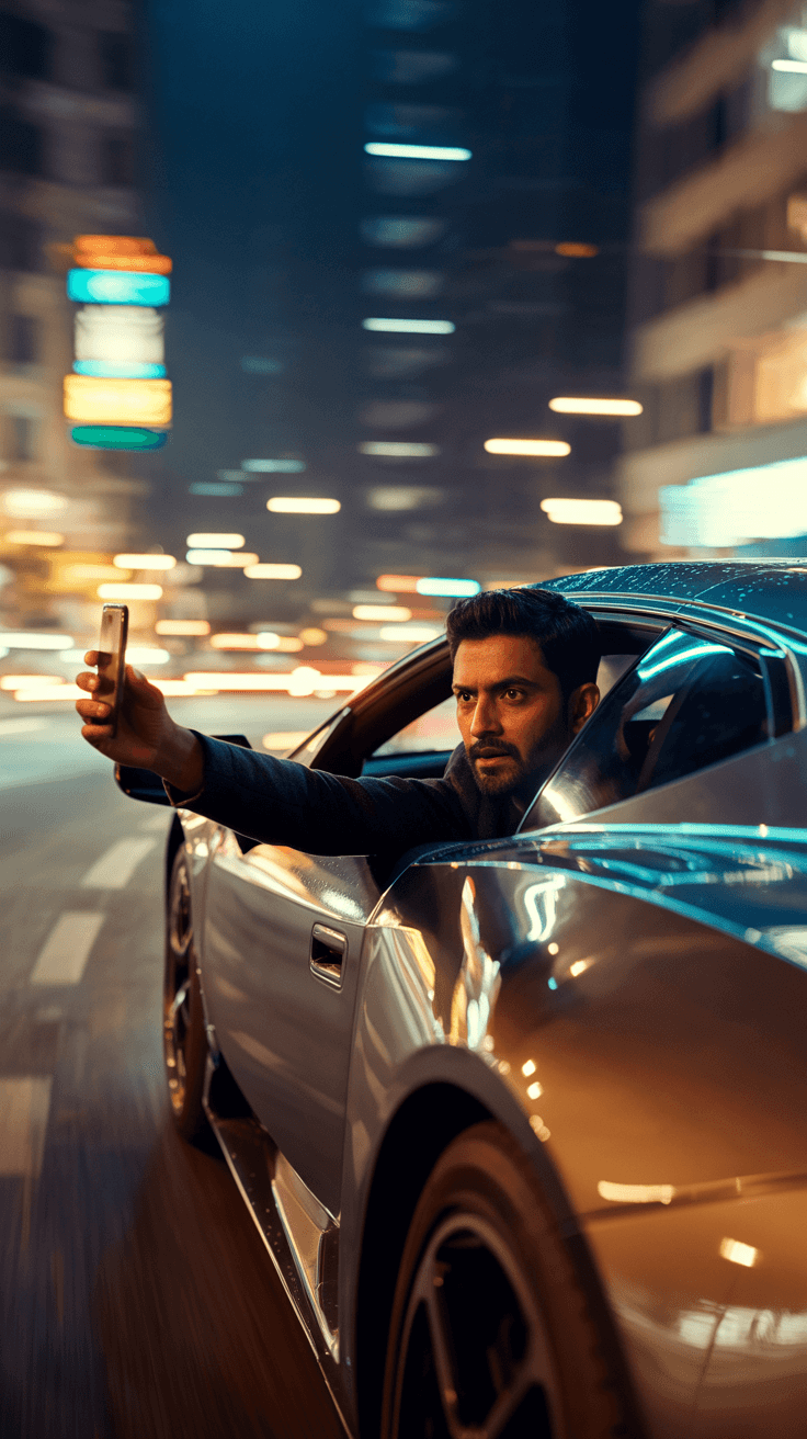 AI generated: A hyper-realistic, cinematic scene of a indian man driving a sleek, black Lamborghini through a dark...