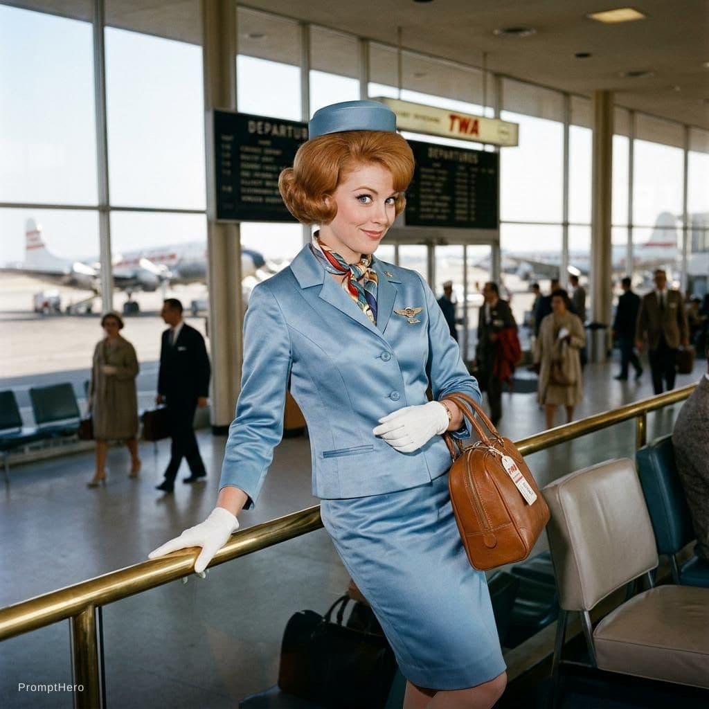 AI generated: (photo of a hot stewardess posing for playboy magazine), (breathtaking:1.58), ((wearing light blue s...