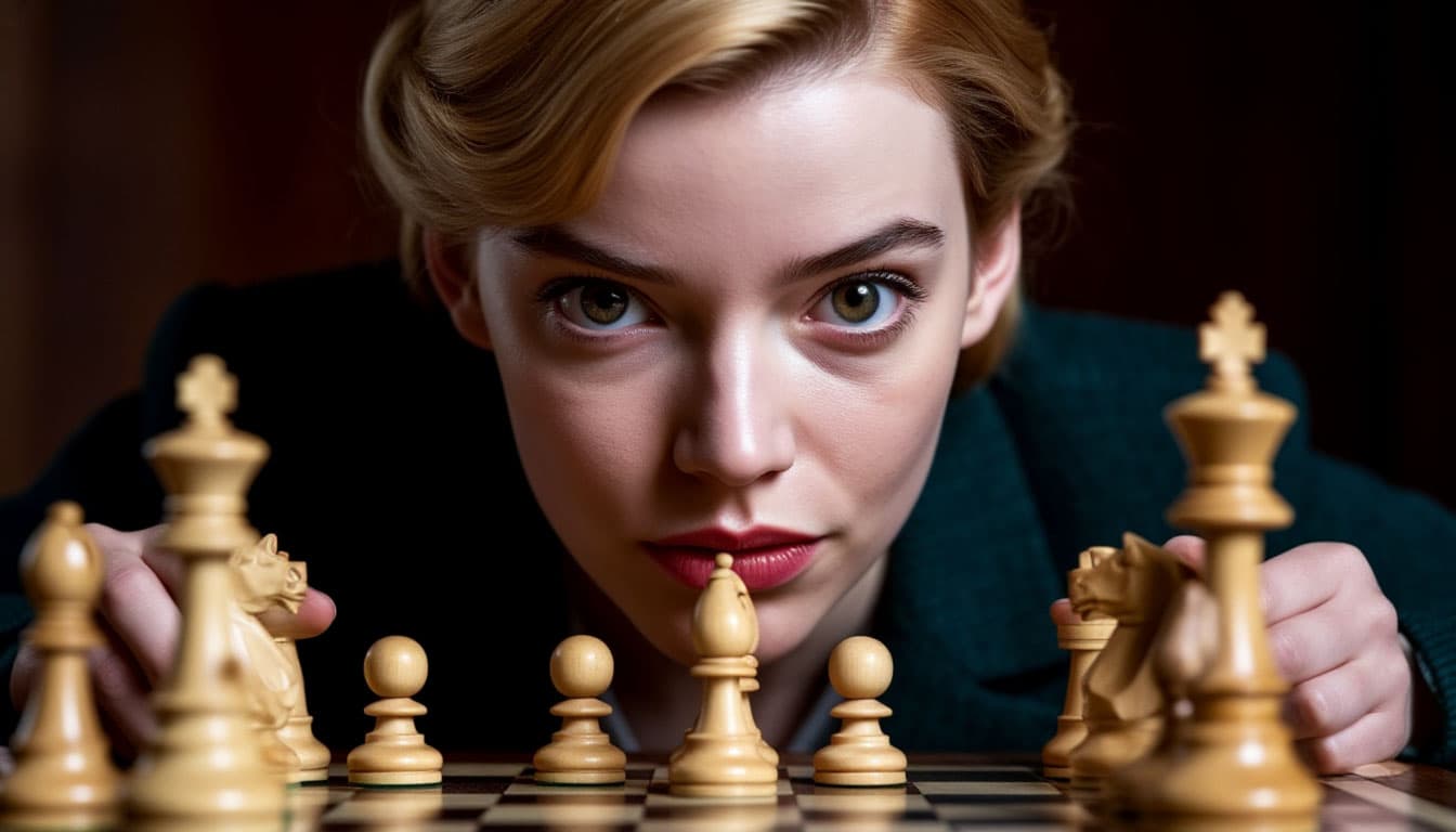AI generated: DSLR photograph of any taylor-joy from Queen's Gambit movie, the iconic look and face expression, ha...