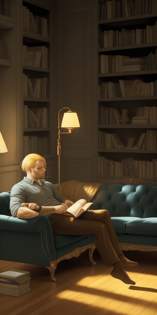AI generated: {best quality}, {masterpiece}The bookshelf should be full of books, men reading on the sofa, golden ...