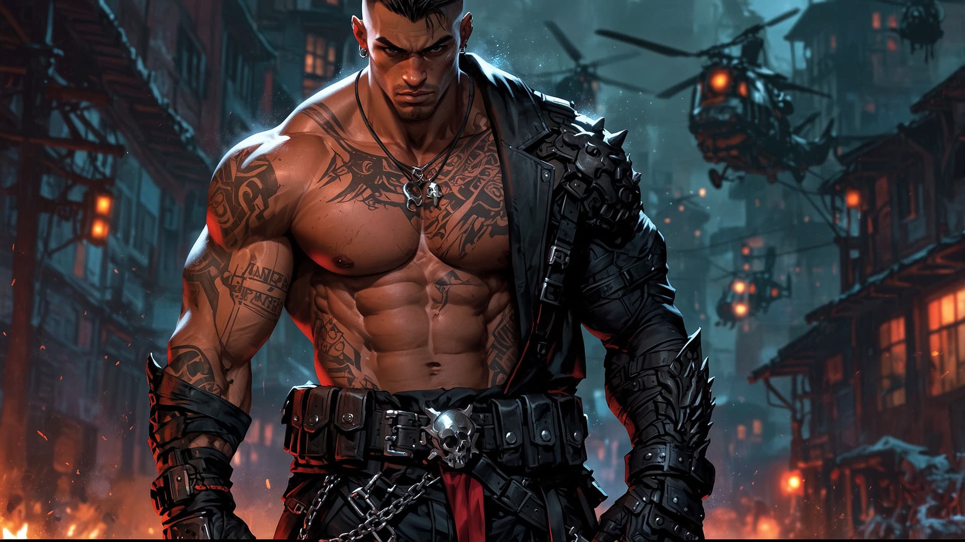 AI generated: Highly stylized and dramatic portrait of a muscular man with a dark, intense atmosphere. The subject...