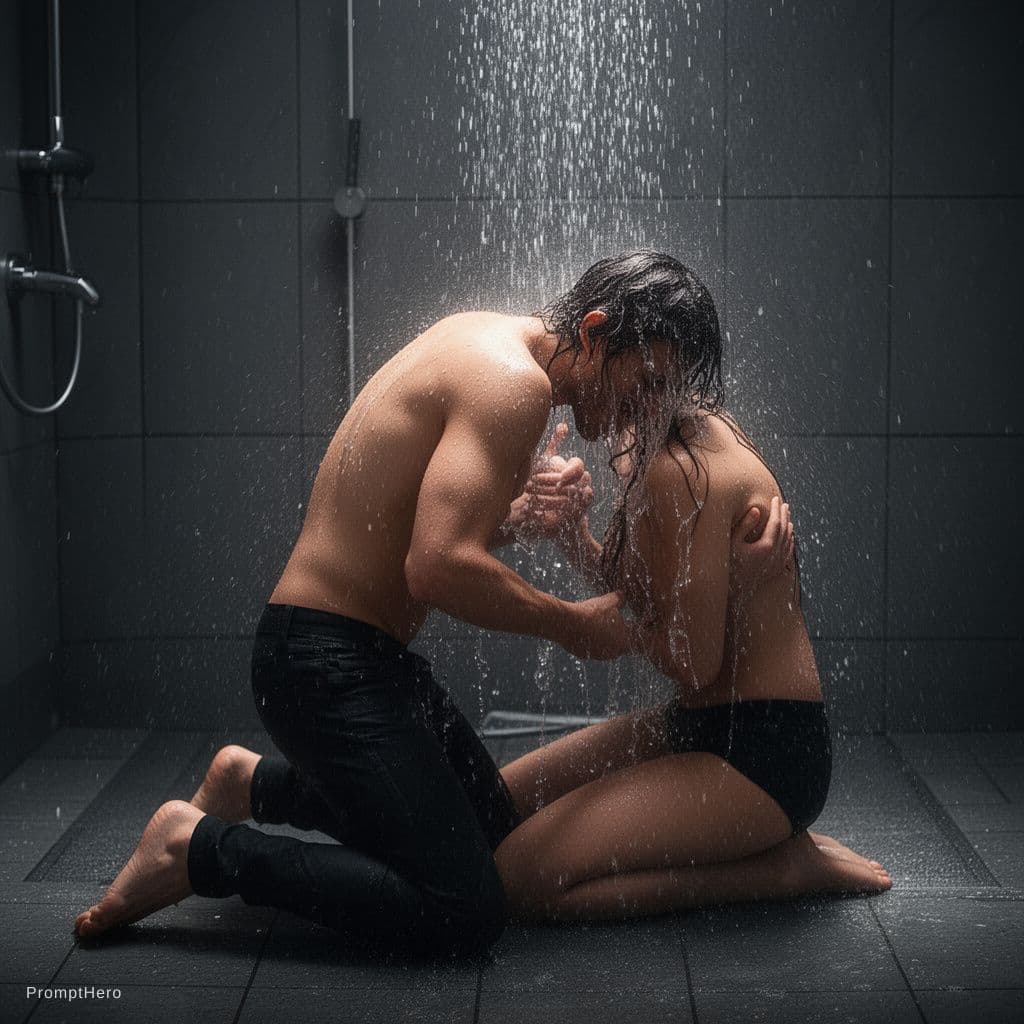 AI generated: passionate mother son kneeling in shower preparing to copulate 