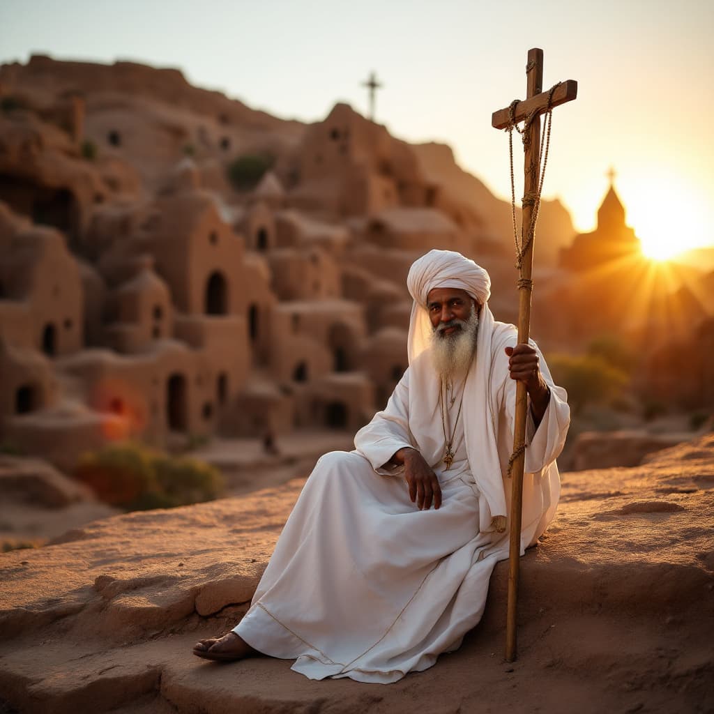 AI generated: An Ethiopian Orthodox elder priest, wearing a white headwrap and robe, with a beard, sits on the ste...