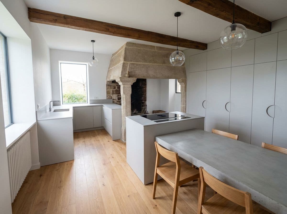 AI generated: te mando una foto son de una cocina.

quiero que mantengas las partes estructurales ( la lareira ), ...
