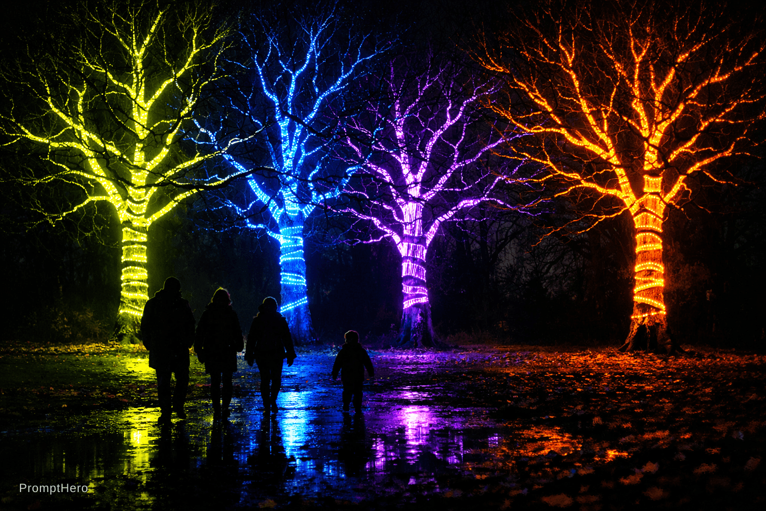 AI generated: A moody night scene in a park or estate woodland where the trunks and bare branches of large trees h...