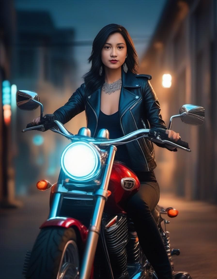 AI generated: villainess woman with black hair in a leather jacket and beautiful silver biker jewelry, proudly sit...