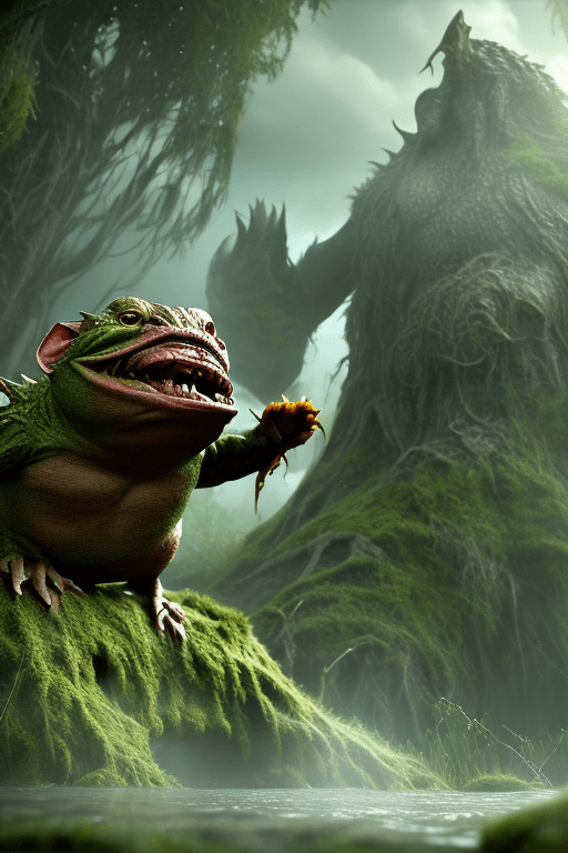 AI generated: lord of the bogtrolls, fights a gremlin, natural habitat, secret, sneaky, devious, masters, 8k, nani...