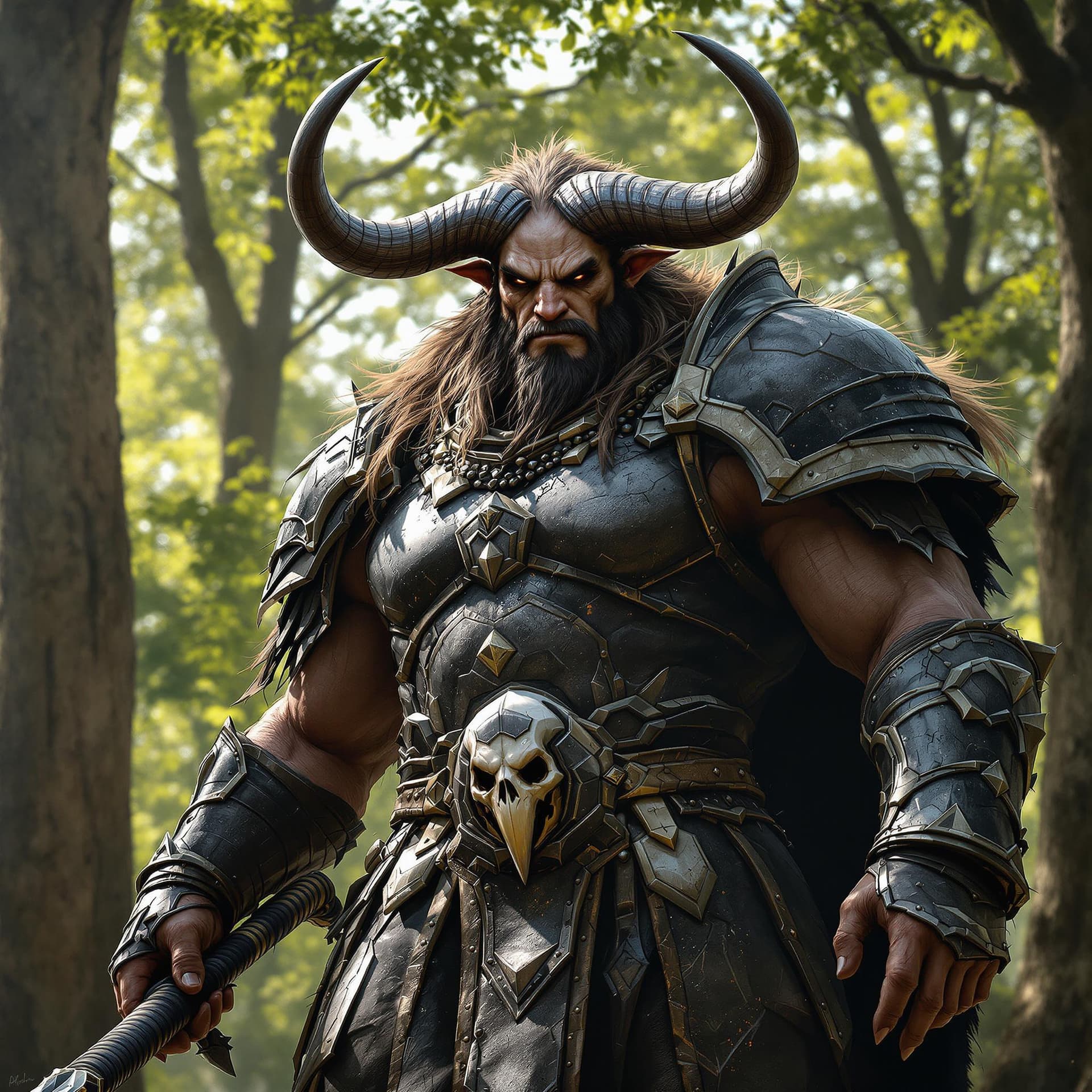 AI generated: A minotaur warrior, his face with humanoid features, dressed in battered black armor, walks imposing...